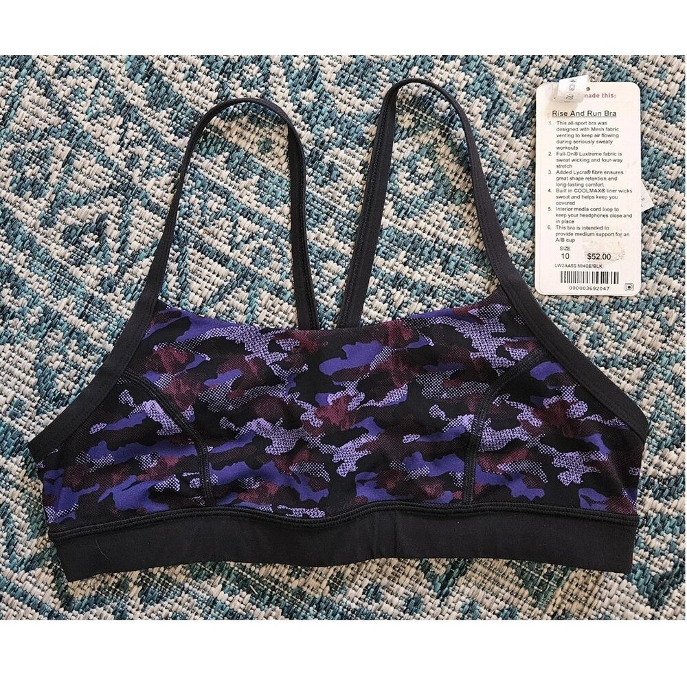 LULULEMON Rise and Run Bra Mini Hounds Camo Emperor Blue Black 10 EUC NLA